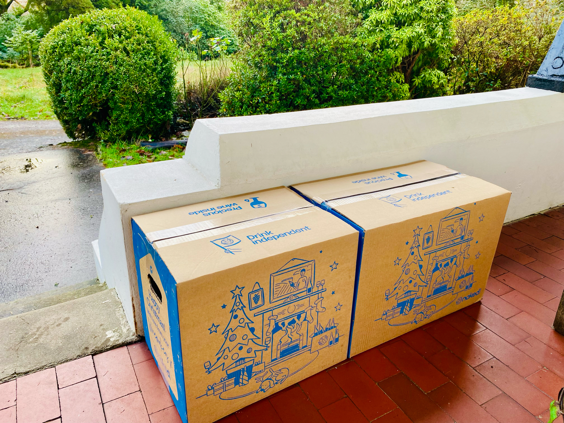 Two large cardboard boxes delivered and placed on a porch with plant-filled garden in the background.