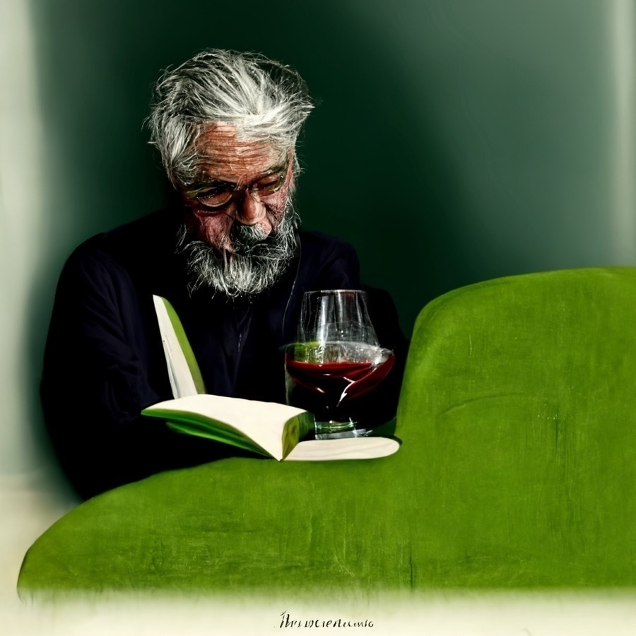 seated grey haired man with a bushy grey beard drinks a glass of red wine and reads a green book