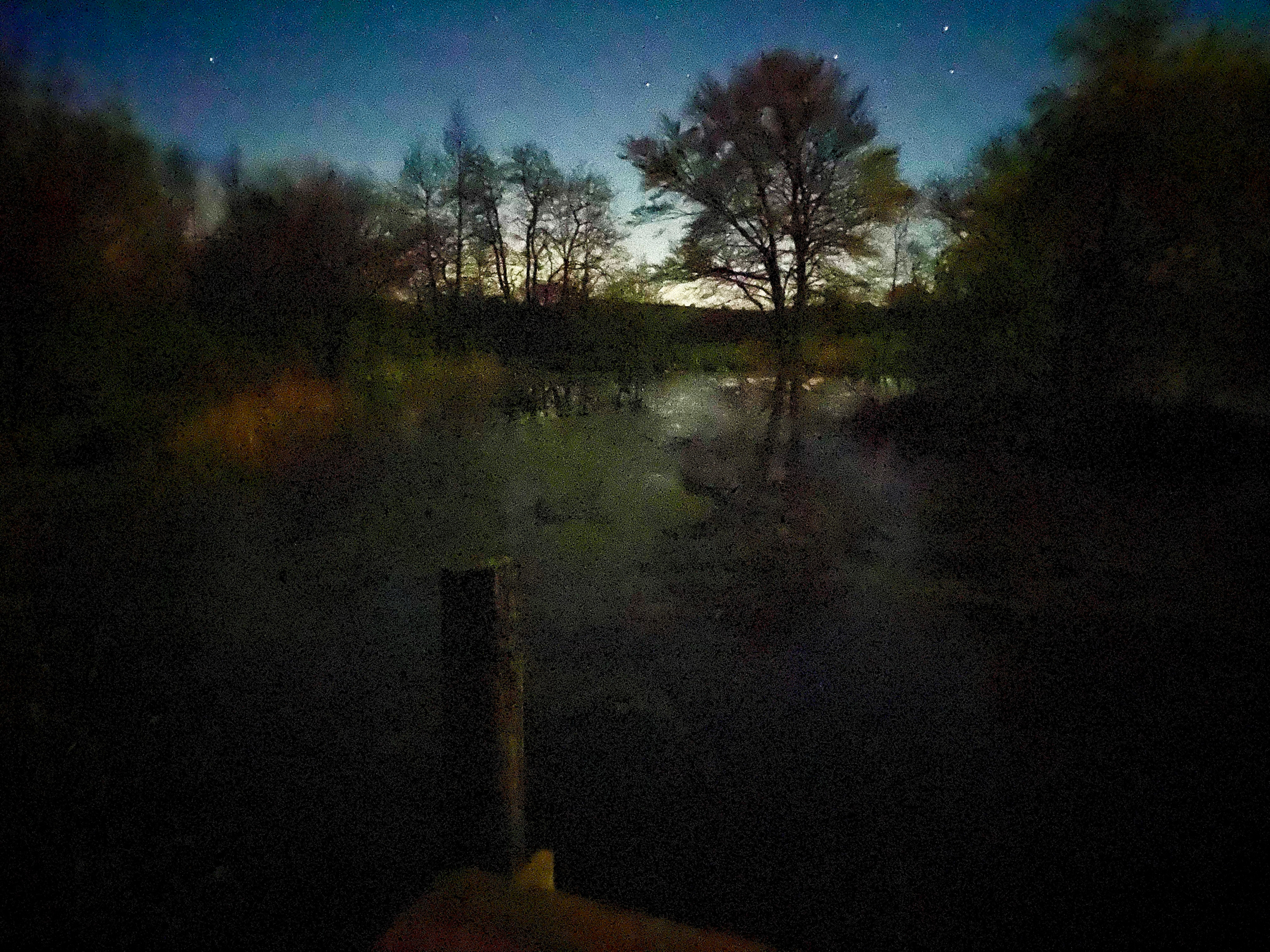 A low-light scene with silhouettes of trees against a twilight sky reflected on the surface of a pond, with a wooden dock post in the foreground.