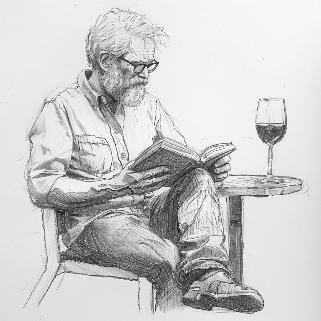 profile image - pencil sketch of a man with grey hair and beard seated next to a small table. The man is reading a book and there is a glass of red wine on the table
