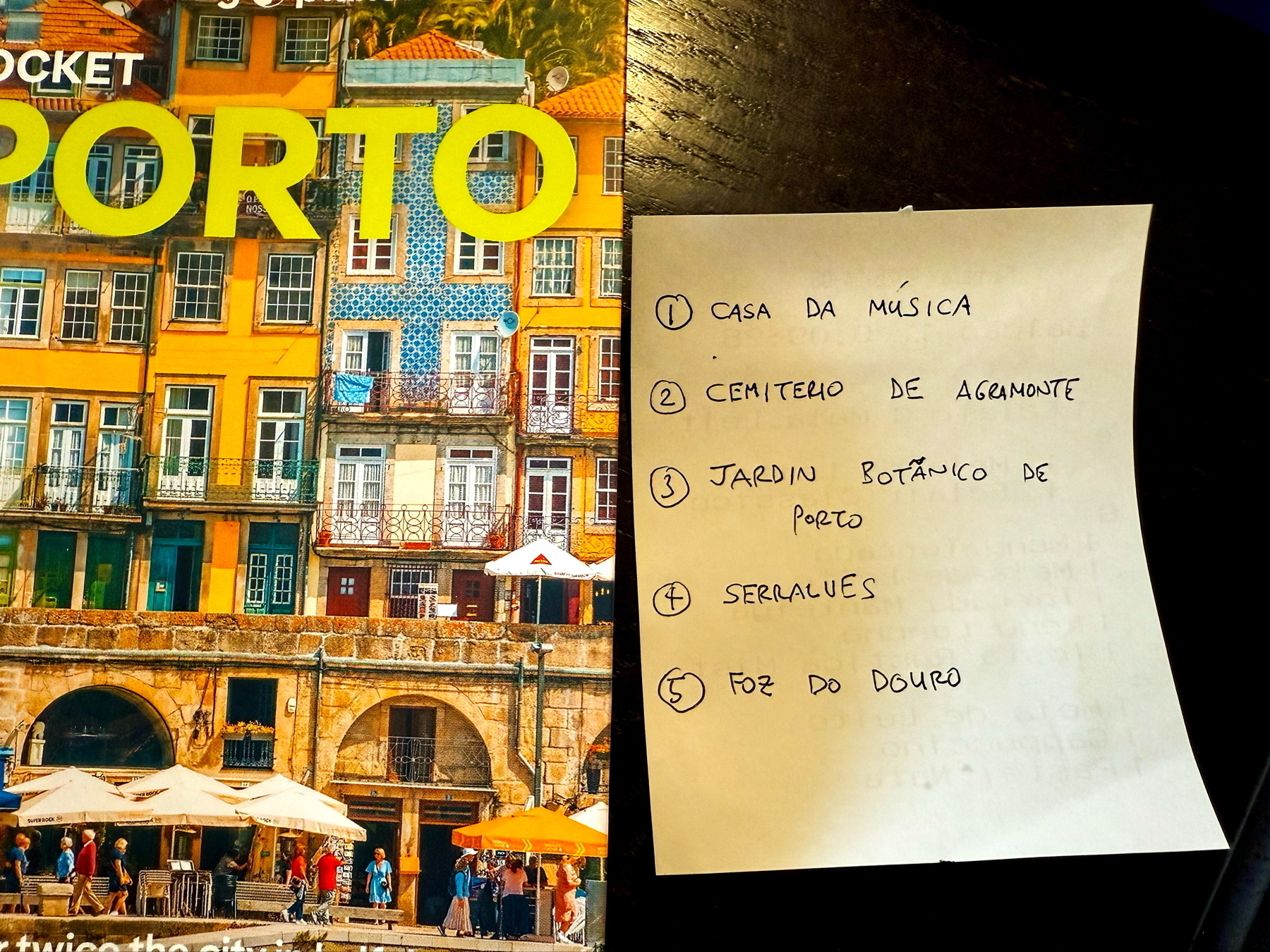 Auto-generated description: A travel guidebook for Porto is beside a handwritten list of five places to visit in the city.