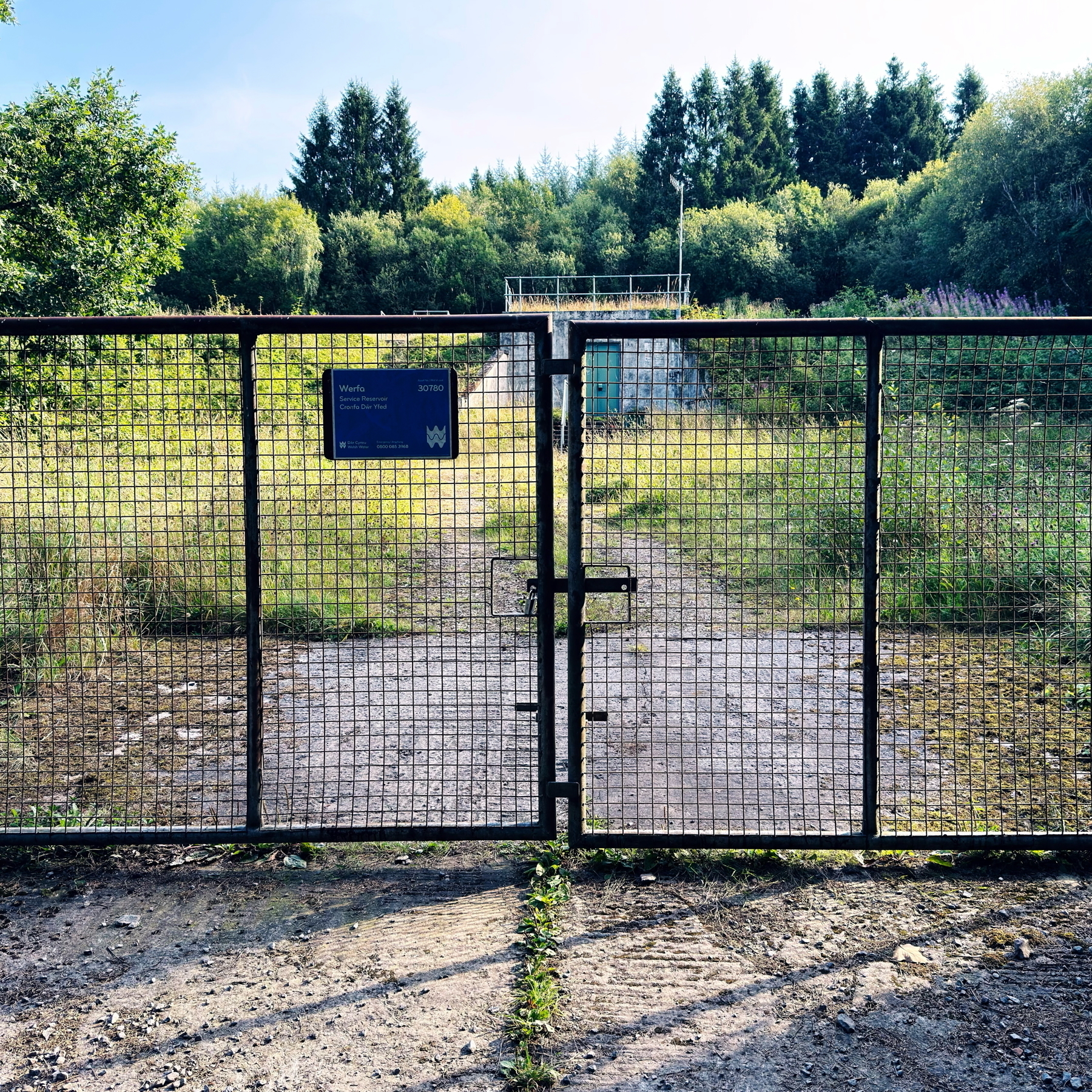 A metal mesh gate in front of an abandoned, overgrown facility surrounded by trees. The pathway inside is weathered, and there’s a sign with some text on the gate. Tall grass and wild plants are visible beyond the gate.