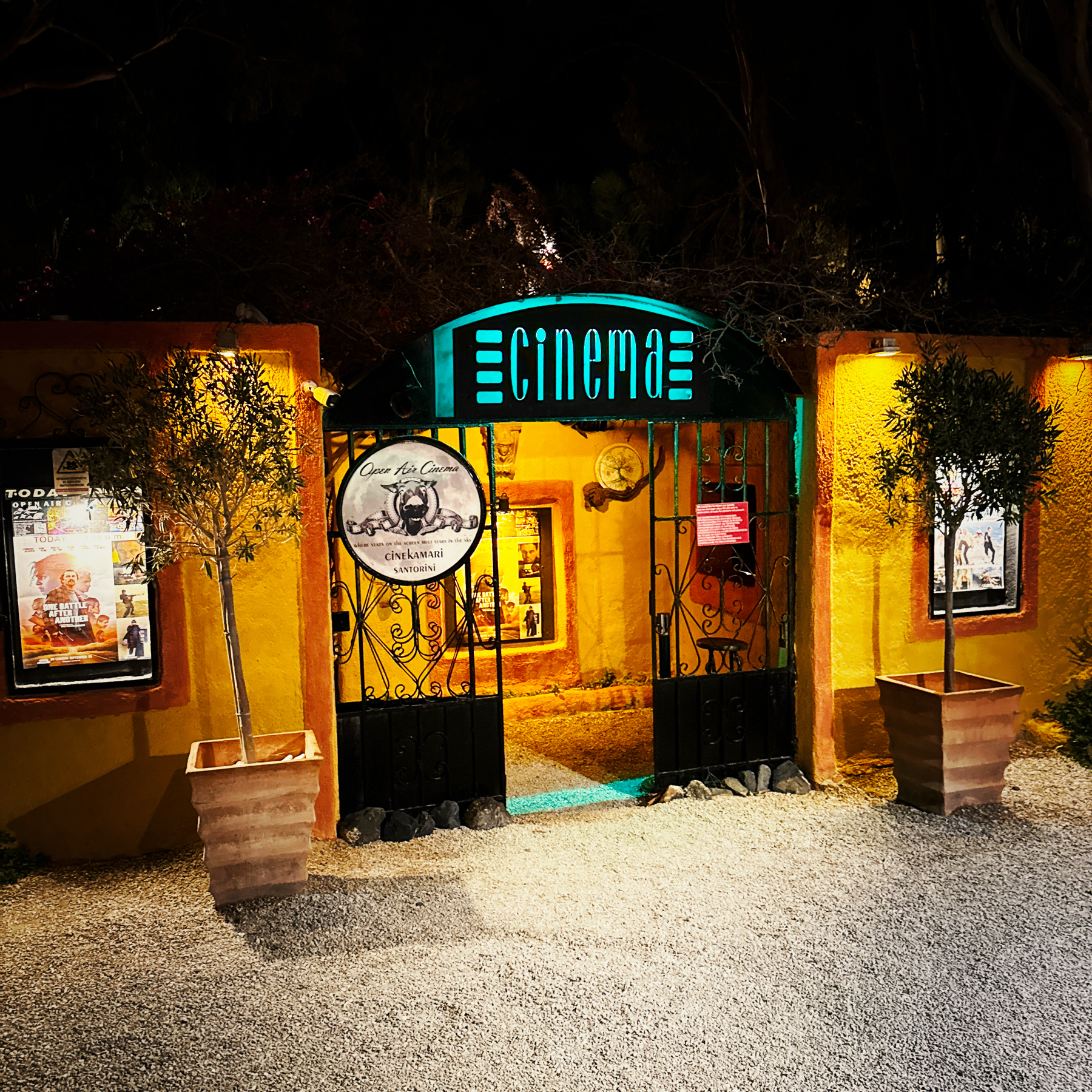 Auto-generated description: A warmly illuminated entrance to a small, rustic cinema with poster displays and potted plants on either side.