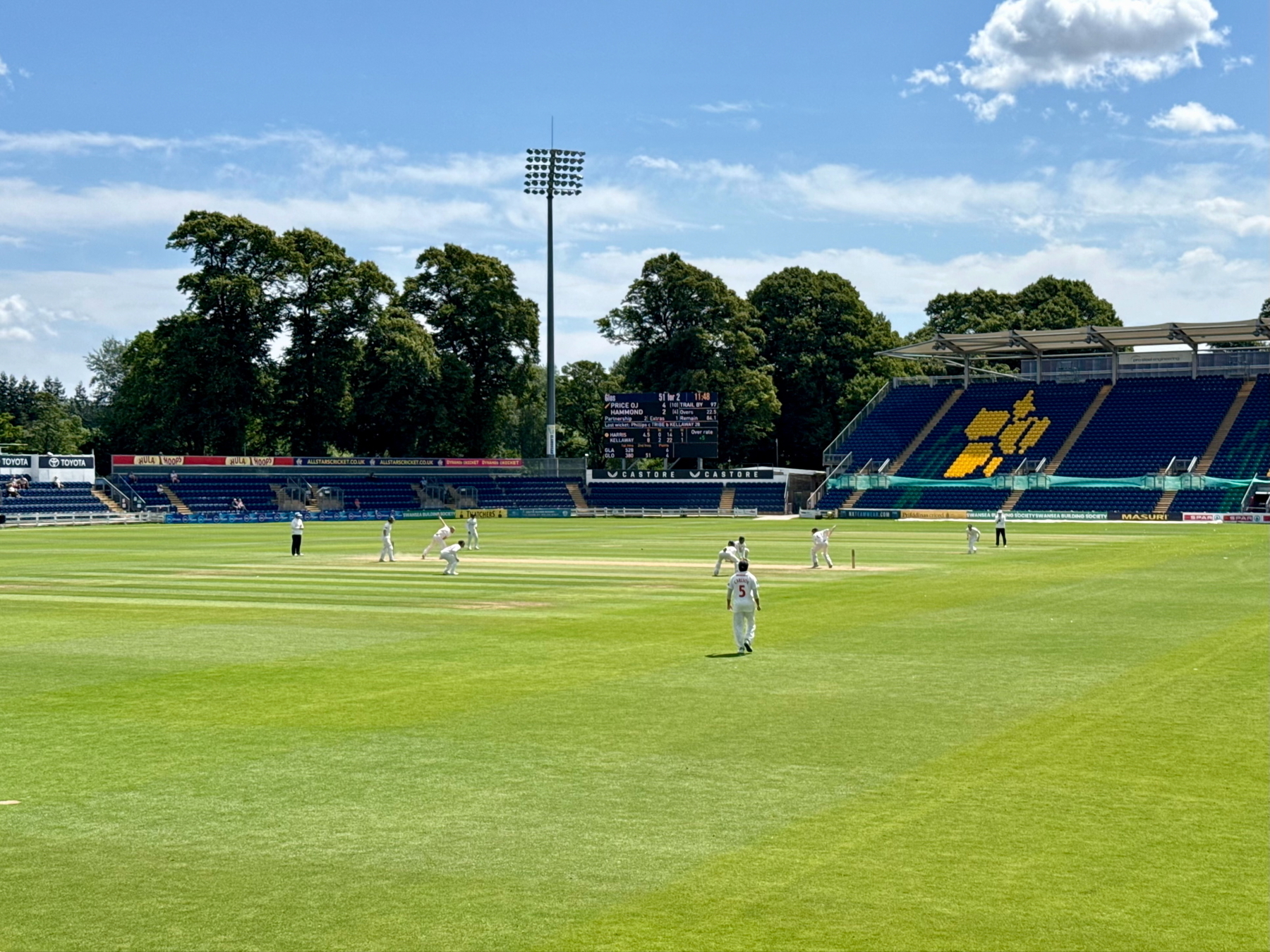 Auto-generated description: A cricket match is taking place in a stadium with a few spectators in the stands under a clear blue sky.