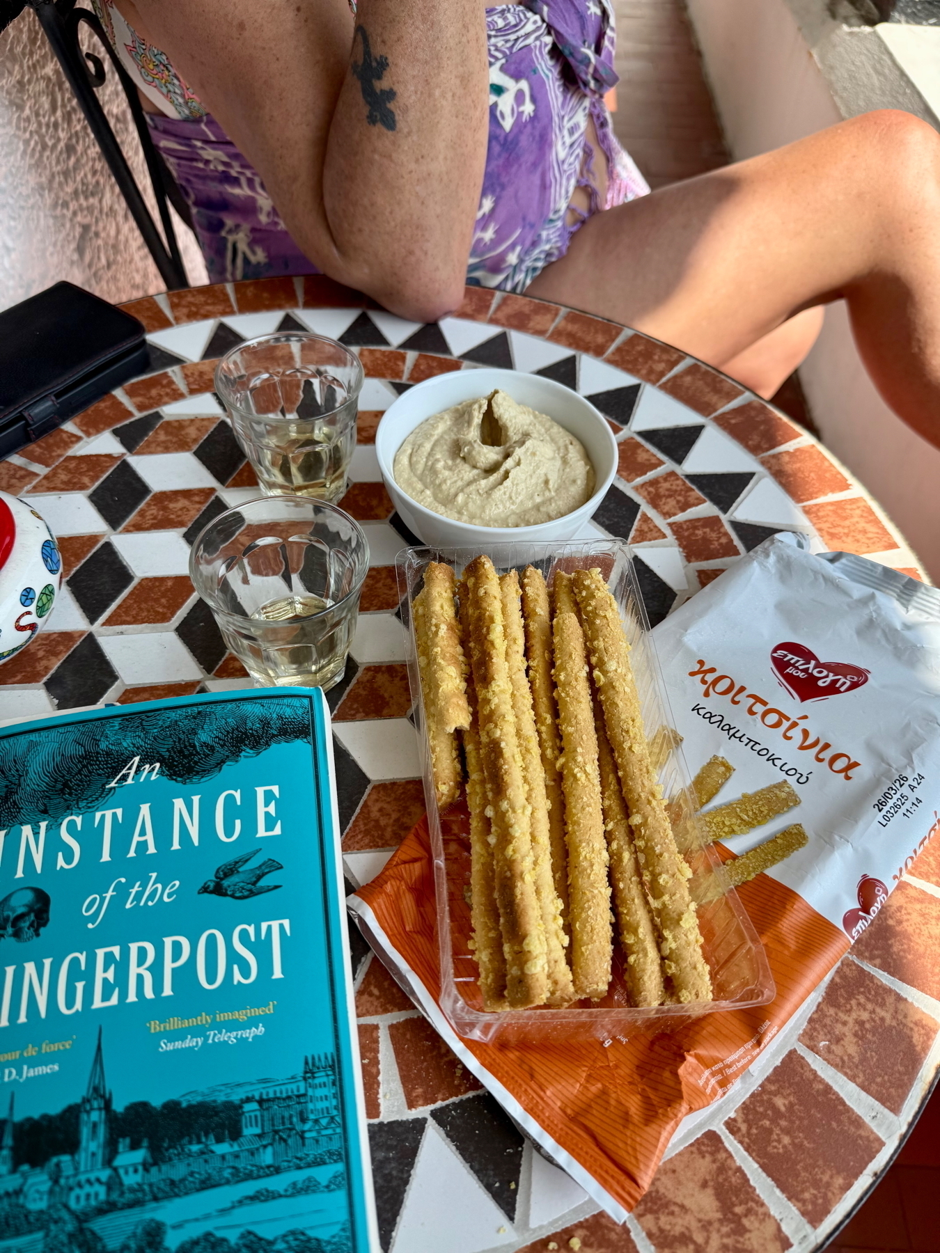Auto-generated description: A table features a book titled An Instance of the Fingerpost, glasses of white wine, a bowl of hummus and breadsticks, while in the background, someone is seated wearing a patterned outfit.