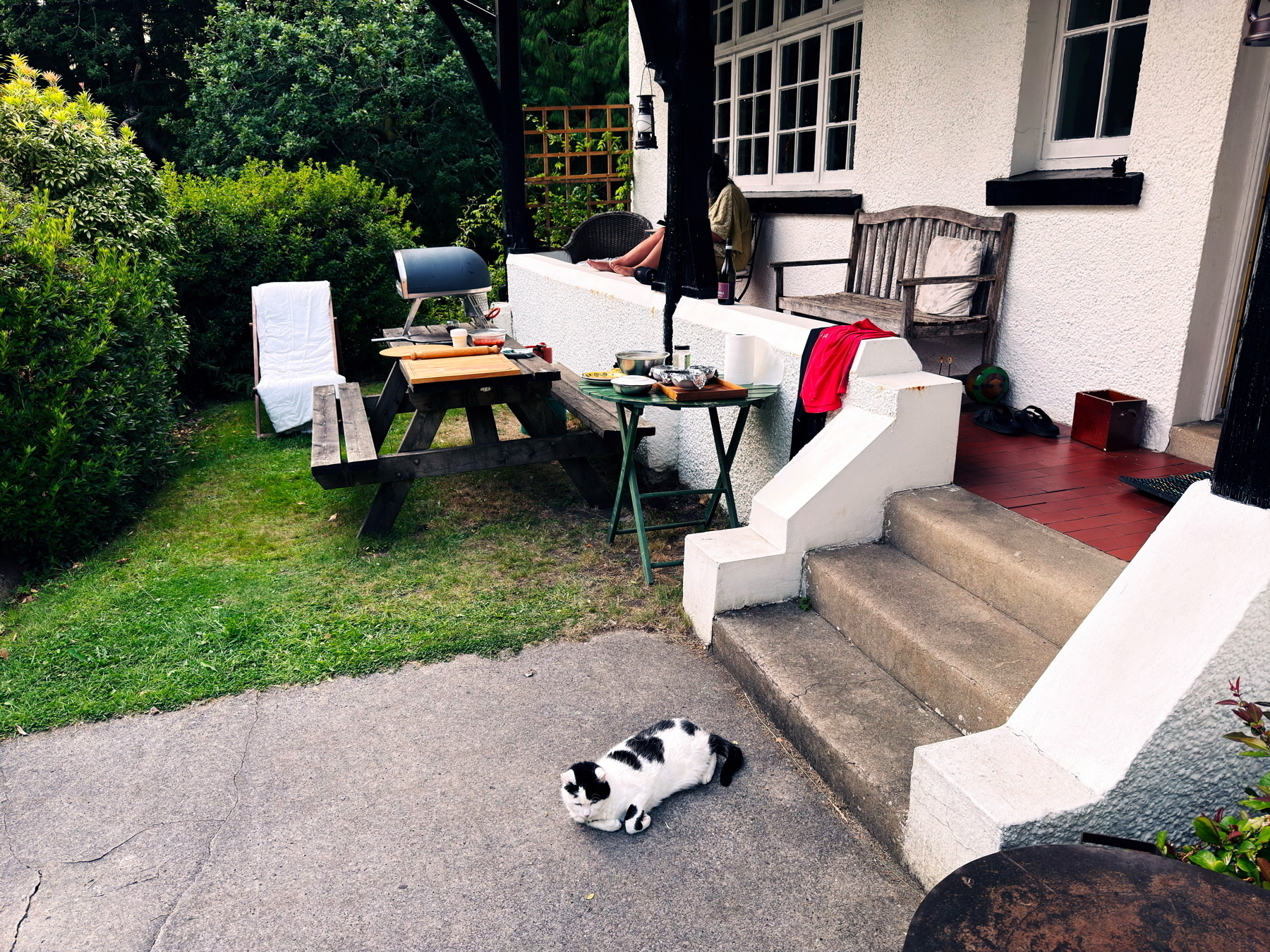 Auto-generated description: A black-and-white cat is lounging on a patio near outdoor furniture and a house entrance with a person relaxing in the background.