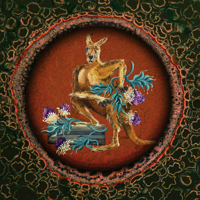 Auto-generated description: A kangaroo is depicted holding vibrant flowers while standing against a textured, artistic background.