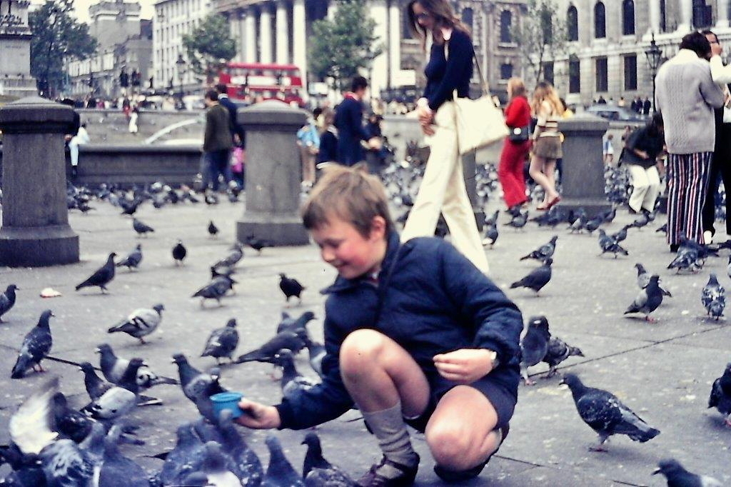 Auto-generated description: A child crouches to feed pigeons in a bustling square with people and a red double-decker bus in the background.