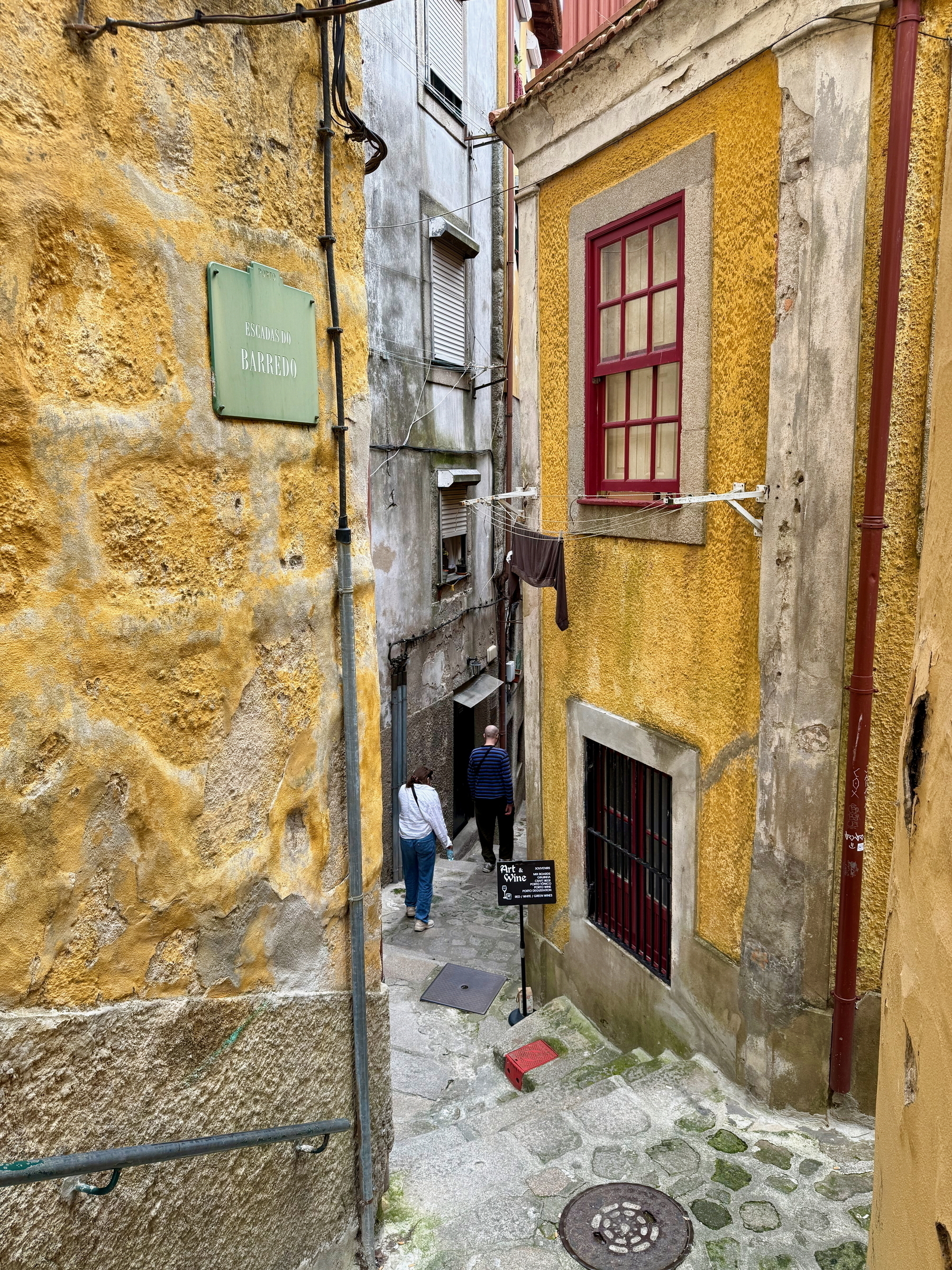 Auto-generated description: A narrow, cobblestone alleyway lined with colorful, textured buildings features two people walking away in the distance.