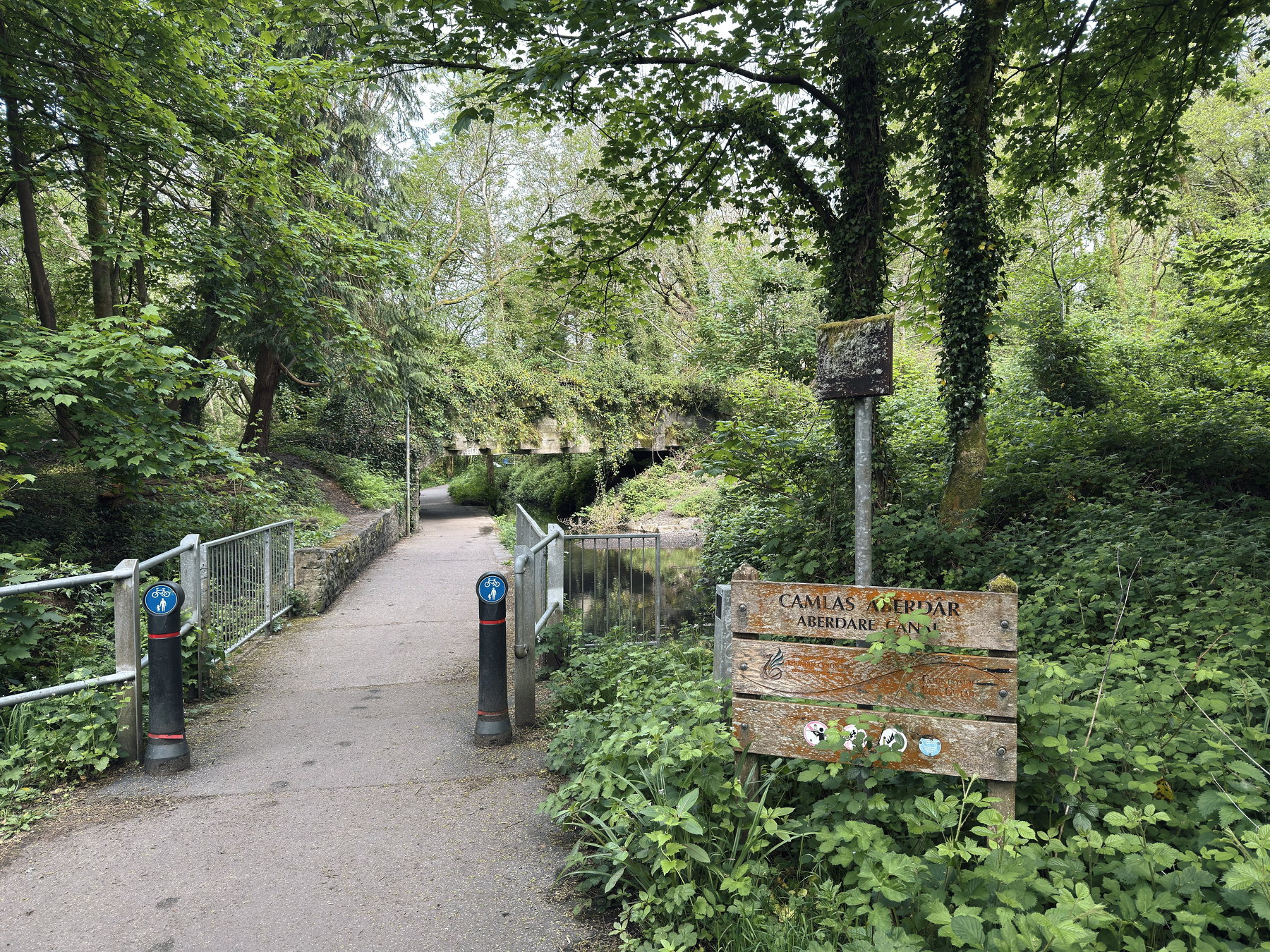 Aberdare Canal Footpath leading under a bridge covered in foliage. Sign titled Aberdare Canal.